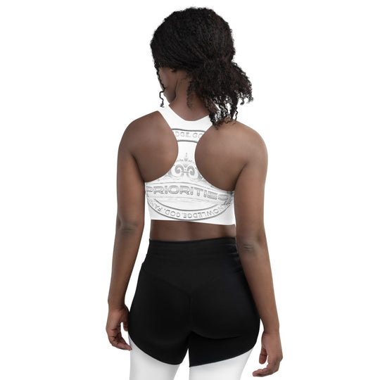 Longline sports bra / All Platinum  word Priorities spelled across the back