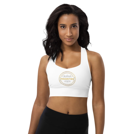 Longline sports bra / Platinum & Gold word Priorities spelled across the back