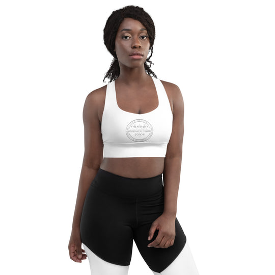 Longline sports bra / All Platinum  word Priorities spelled across the back