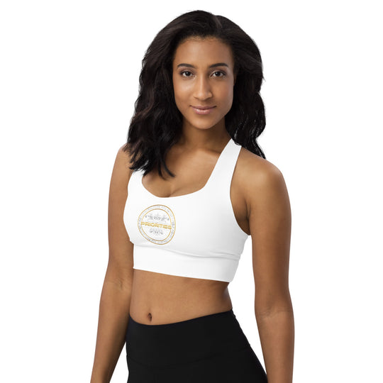 Longline sports bra / Platinum & Gold word Priorities spelled across the back