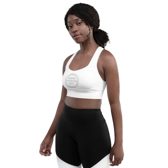Longline sports bra / All Platinum  word Priorities spelled across the back