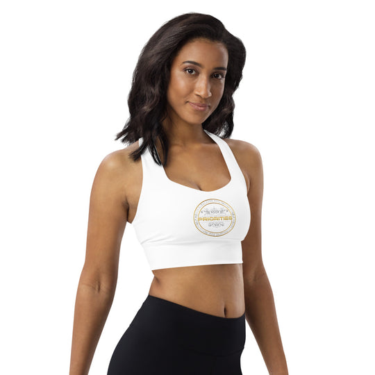 Longline sports bra / Platinum & Gold word Priorities spelled across the back