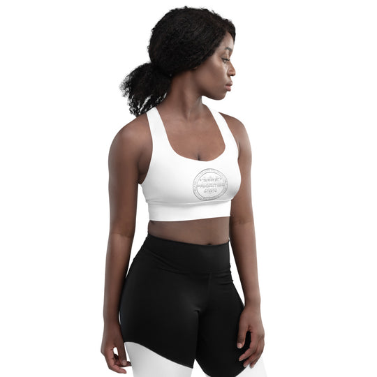 Longline sports bra / All Platinum  word Priorities spelled across the back