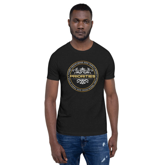 Short-Sleeve Unisex T-Shirt / With the Platinum  & Gold Priorities logo.