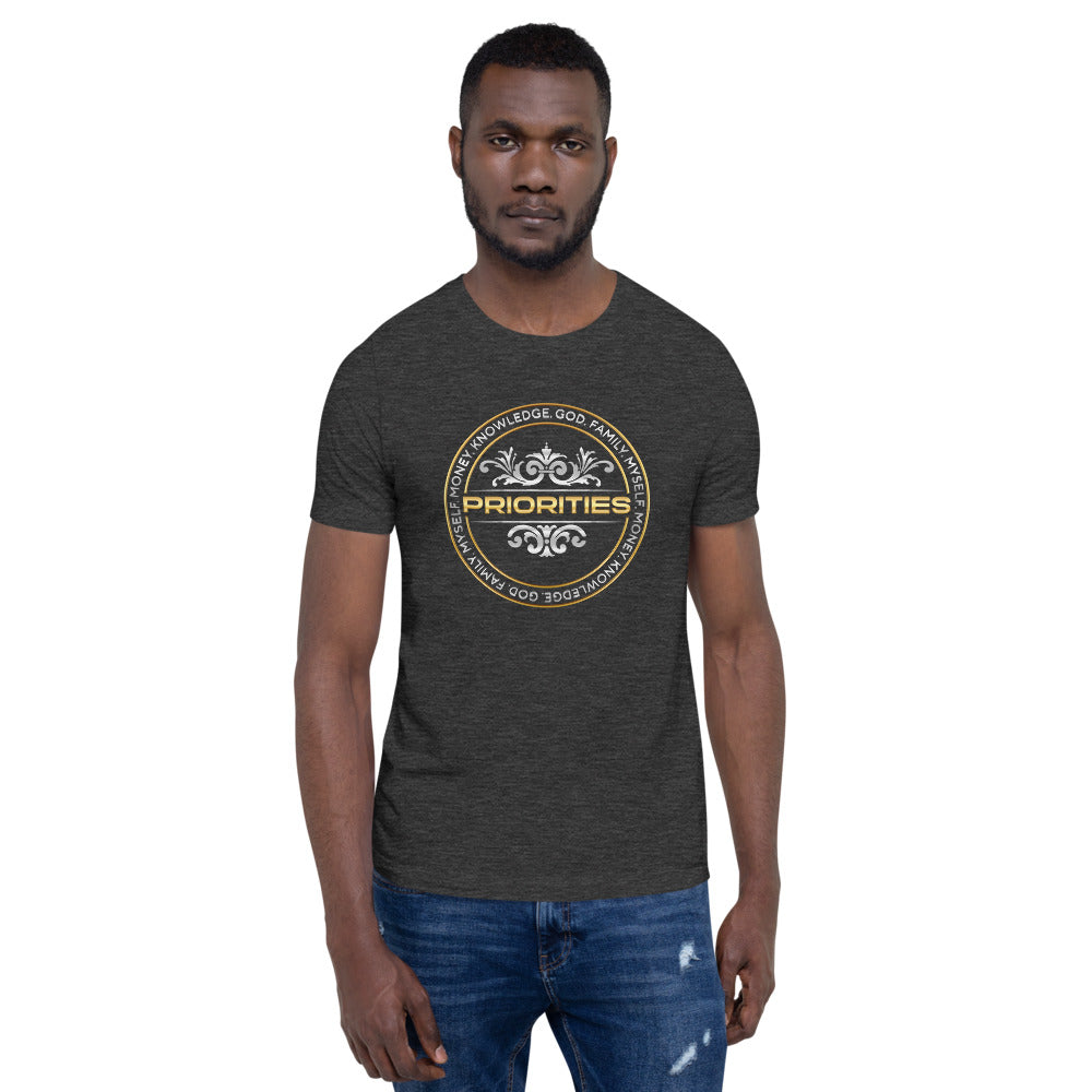 Short-Sleeve Unisex T-Shirt / With the Platinum  & Gold Priorities logo.
