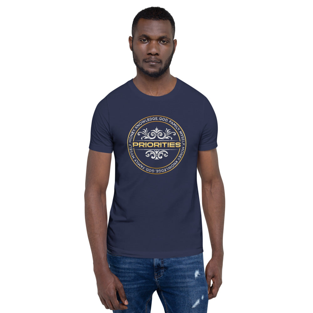 Short-Sleeve Unisex T-Shirt / With the Platinum  & Gold Priorities logo.